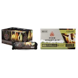 pine mountain java-log firelog made from recycled coffee grounds (4-hour burn time, 4 logs) and pine mountain 2hr trad fire logs (6 logs, 2-hour burn time)