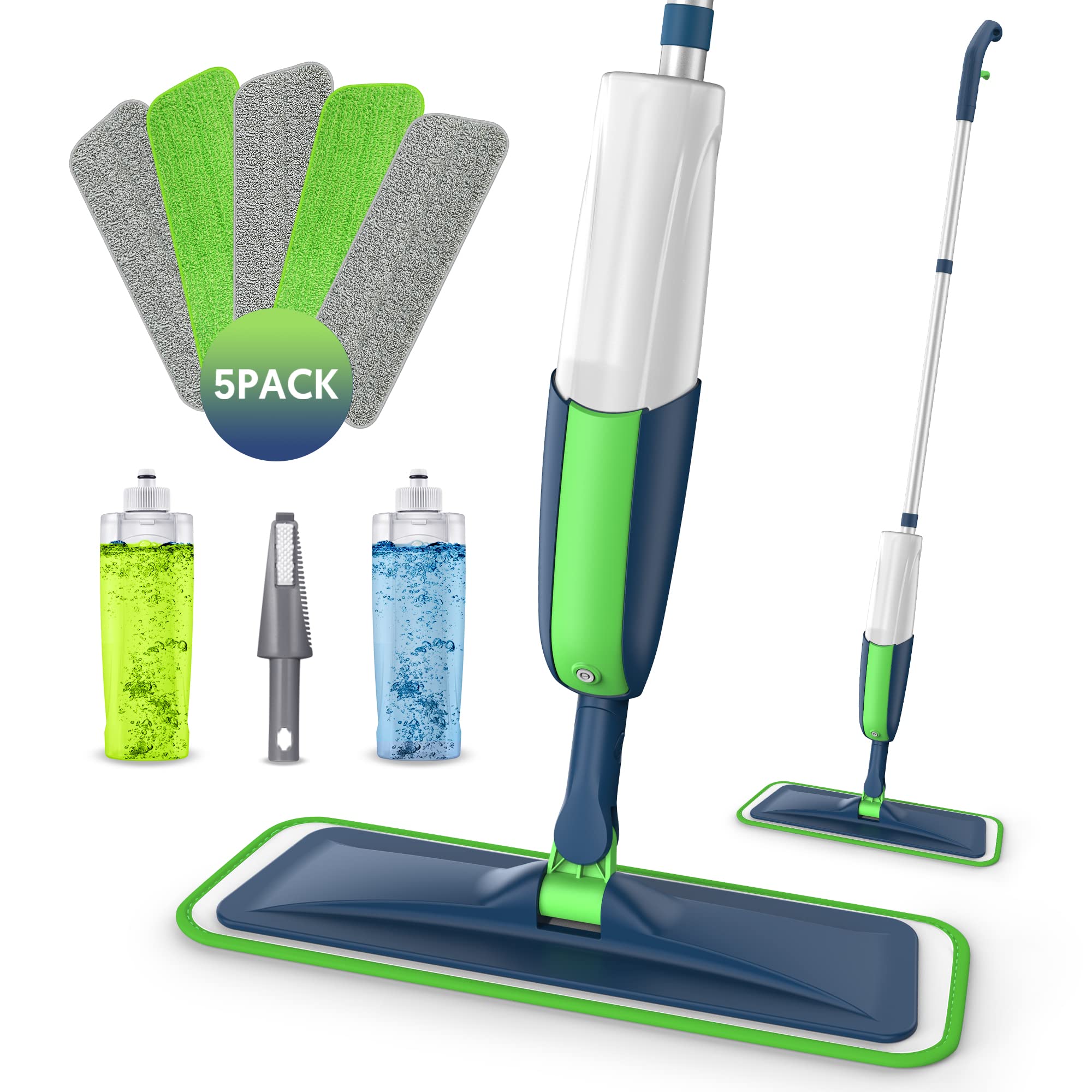 Spray Mops with 5 Mop Pads 2 Refillable Bottle - MEXERRIS Wet Dust Mops for Floor Cleaning Microfiber Hardwood Floor Cleaning Mop with Spray Dry Mops Flat Mops for Laminate Wood Ceramic Floor Cleaning