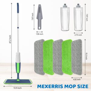 Spray Mops with 5 Mop Pads 2 Refillable Bottle - MEXERRIS Wet Dust Mops for Floor Cleaning Microfiber Hardwood Floor Cleaning Mop with Spray Dry Mops Flat Mops for Laminate Wood Ceramic Floor Cleaning