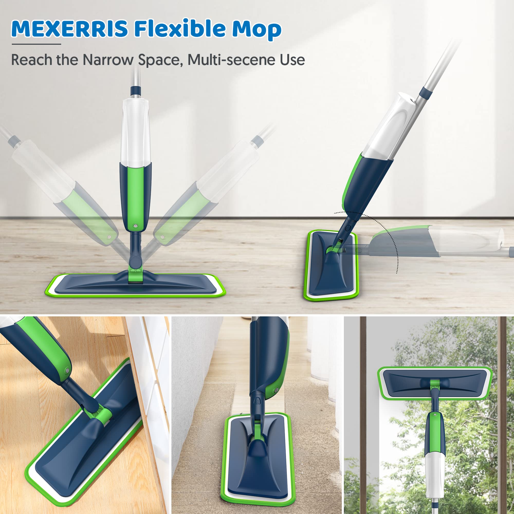 Spray Mops with 5 Mop Pads 2 Refillable Bottle - MEXERRIS Wet Dust Mops for Floor Cleaning Microfiber Hardwood Floor Cleaning Mop with Spray Dry Mops Flat Mops for Laminate Wood Ceramic Floor Cleaning