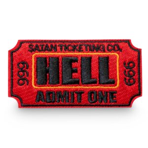 moonmoli ticket to hell admit one iron on embroidered patches - 3"wx1.5"h red/black funny patches – iron on or sew on patches for clothes, jacket, jeans, hat, backpack