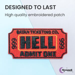 Moonmoli Ticket to Hell Admit One Iron on Embroidered Patches - 3"Wx1.5"H Red/Black Funny Patches – Iron on or Sew On Patches for Clothes, Jacket, Jeans, Hat, Backpack