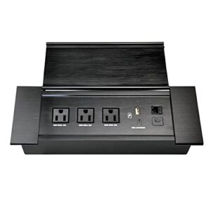brush connectivity box conference table power box with 3 power socket+ 1 usb-a and type c charger+1 cat6+ 1 usb-c data(black) (flip up)