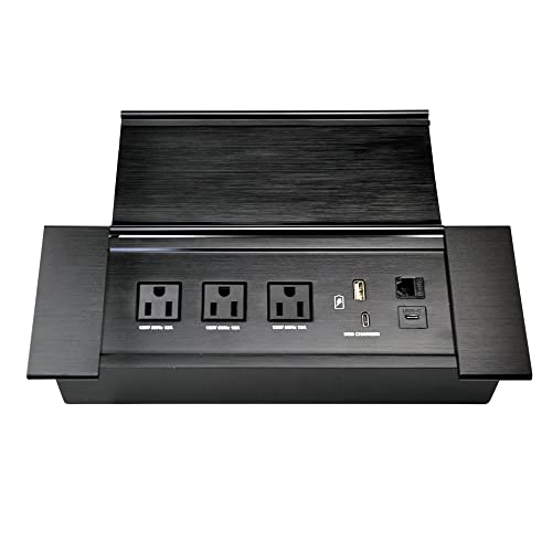 Brush Connectivity Box Conference Table Power Box with 3 Power Socket+ 1 USB-A and Type C Charger+1 CAT6+ 1 USB-C Data(Black) (Flip up)