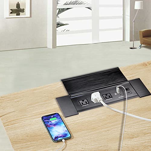 Brush Connectivity Box Conference Table Power Box with 3 Power Socket+ 1 USB-A and Type C Charger+1 CAT6+ 1 USB-C Data(Black) (Flip up)