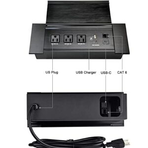 Brush Connectivity Box Conference Table Power Box with 3 Power Socket+ 1 USB-A and Type C Charger+1 CAT6+ 1 USB-C Data(Black) (Flip up)