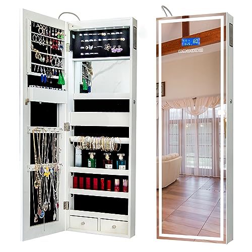 KEDLAN Upgraded Jewelry Organizer with Bluetooth Speaker, Wall/Door Mounted Jewelry Armoire, Full Length Lighted Mirror with Jewelry Cabinet,Jewelry Box with Time and Temperature Display