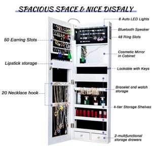 KEDLAN Upgraded Jewelry Organizer with Bluetooth Speaker, Wall/Door Mounted Jewelry Armoire, Full Length Lighted Mirror with Jewelry Cabinet,Jewelry Box with Time and Temperature Display