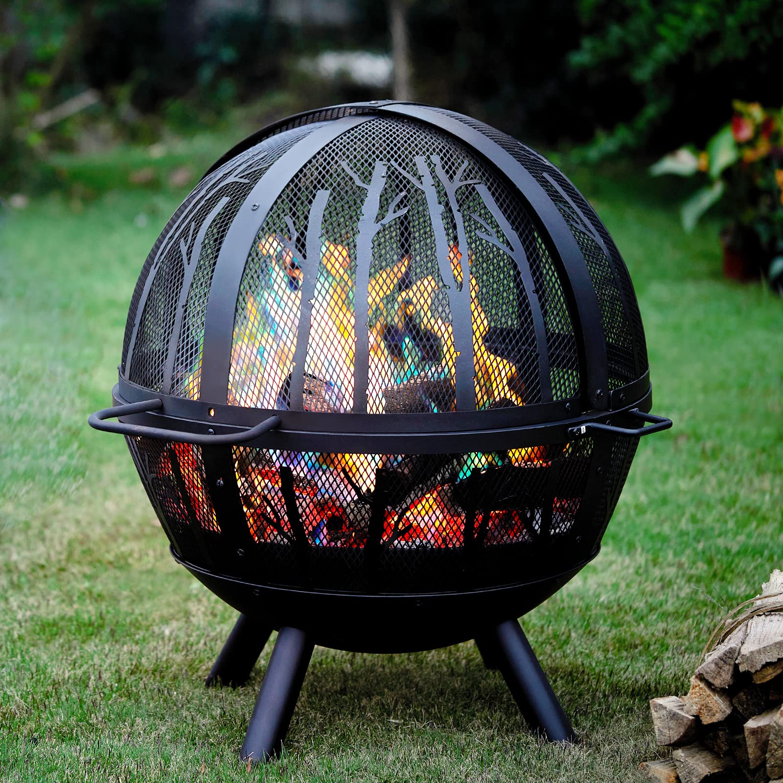 PaPaJet 35 inch Flaming Ball Fire Pit for Outside, Bonfire Wood Burning Fire Pit with Spark Screen, Tree Pattern for Patio Backyard Garden