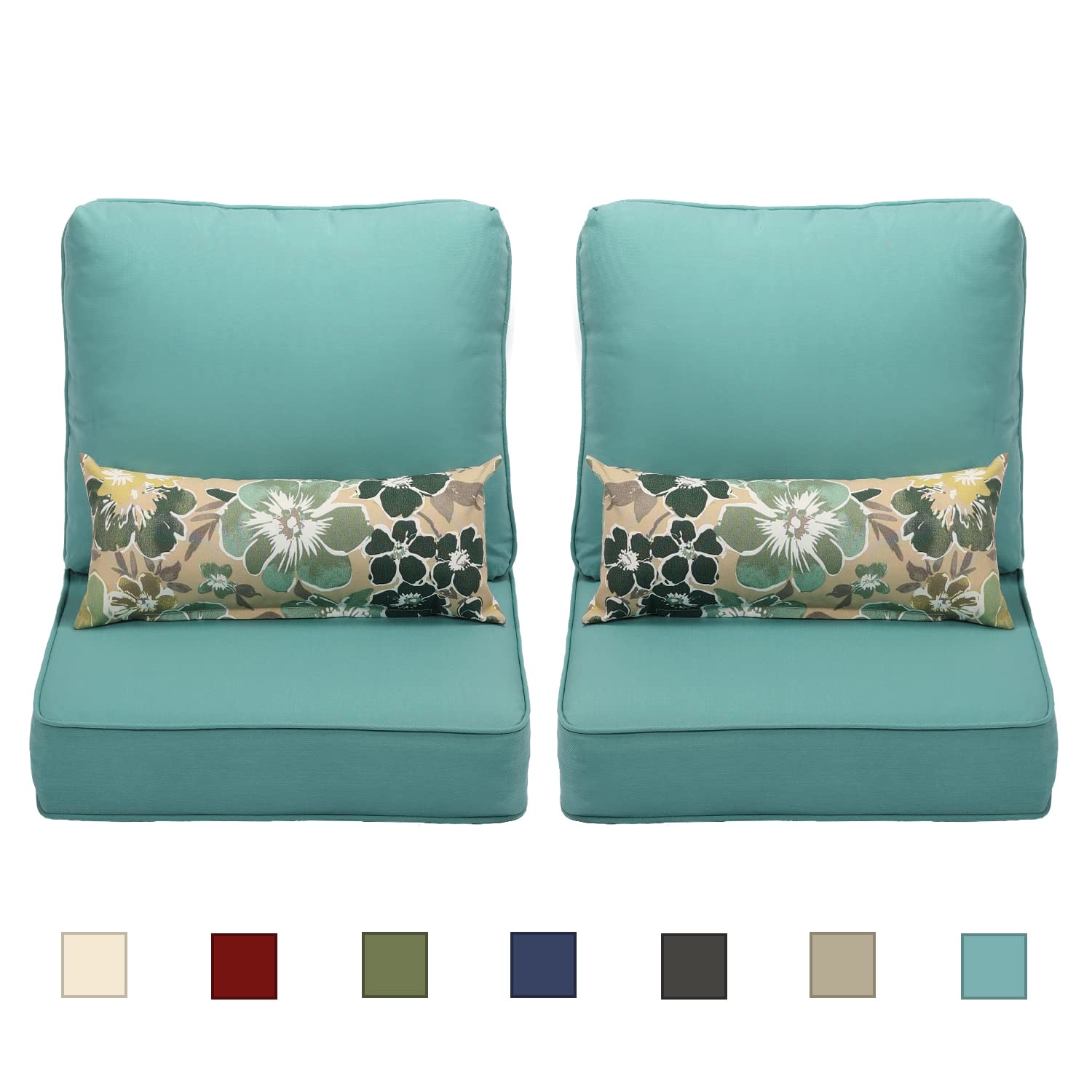 Aoodor 22'' x 24'' Outdoor Deep Seat Chair Cushion Set，Olefin Fabric Slipcover and Sponge Foam- Teal (Set of 2 Seats, 2 Backs, 2 Pillows