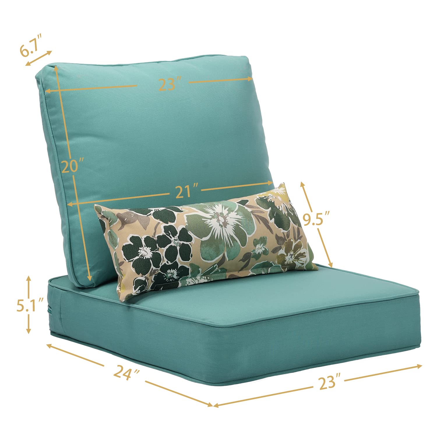 Aoodor 22'' x 24'' Outdoor Deep Seat Chair Cushion Set，Olefin Fabric Slipcover and Sponge Foam- Teal (Set of 2 Seats, 2 Backs, 2 Pillows