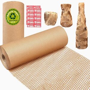 honeycomb packing paper, honsreo 15 inches x 230 feet eco friendly recyclable cushioning material, bubble wrap for moving shipping breakable supplies with 20 fragile sticker lables (brown)
