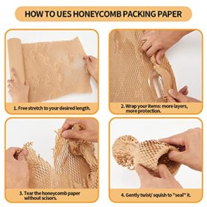 Honeycomb Packing Paper, HONSREO 15 Inches x 230 Feet Eco Friendly Recyclable Cushioning Material, Bubble Wrap for Moving Shipping Breakable Supplies with 20 Fragile Sticker Lables (Brown)