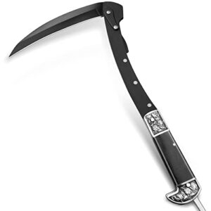valhalla folding sickle, black sharp blade with two section foldable scythe, wooden handle folding scythe, folding sickle knife, sheath for easy carrying