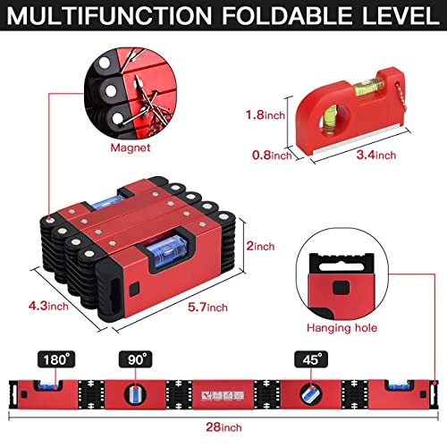 Multi-Function Foldable Level Measuring Tool 28 Inch Folding Level Magnetic Woodworking Tools 4 Level Bubbles Accurate Multi-Angle Measurement Level Tool with Pocket Level, Storage Bag