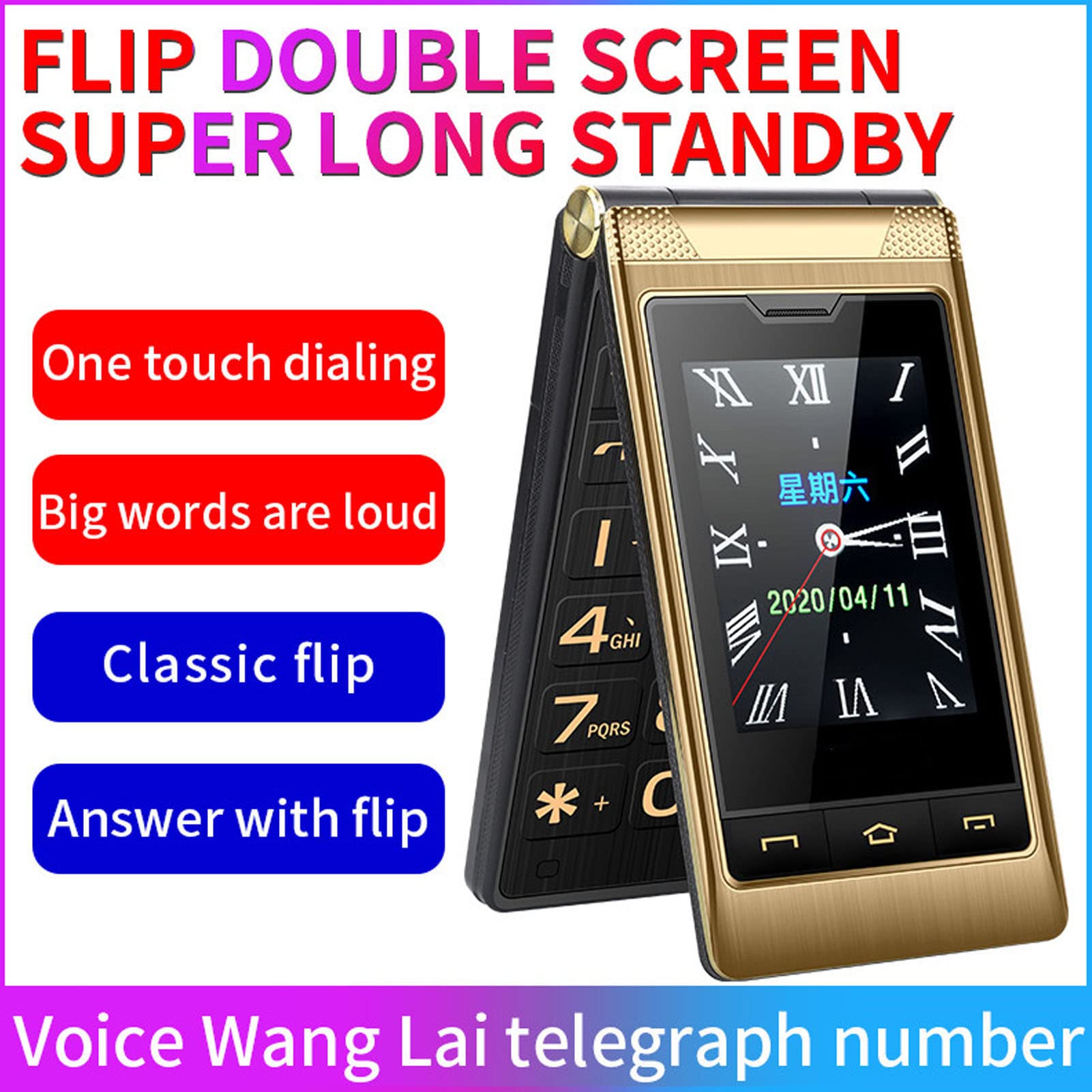 Flip Cell Phone for Seniors,G Seniors Phone,3.0 Inch Double Sided Large Screen Cell Phone,Long Standby Dual SIM Phone, 5900mAh 1.3 MP Support Flashlight Camera Music Player (Gold)