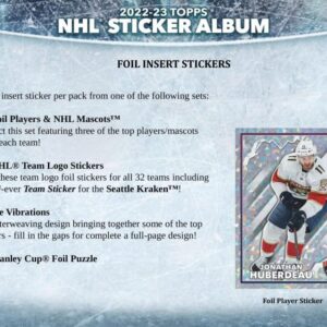 2022-23 NHL Topps Hockey Stickers Collection Factory Sealed Box 50 Packs. Smaller than regular sportscard, paper thin, See scans for details of the product