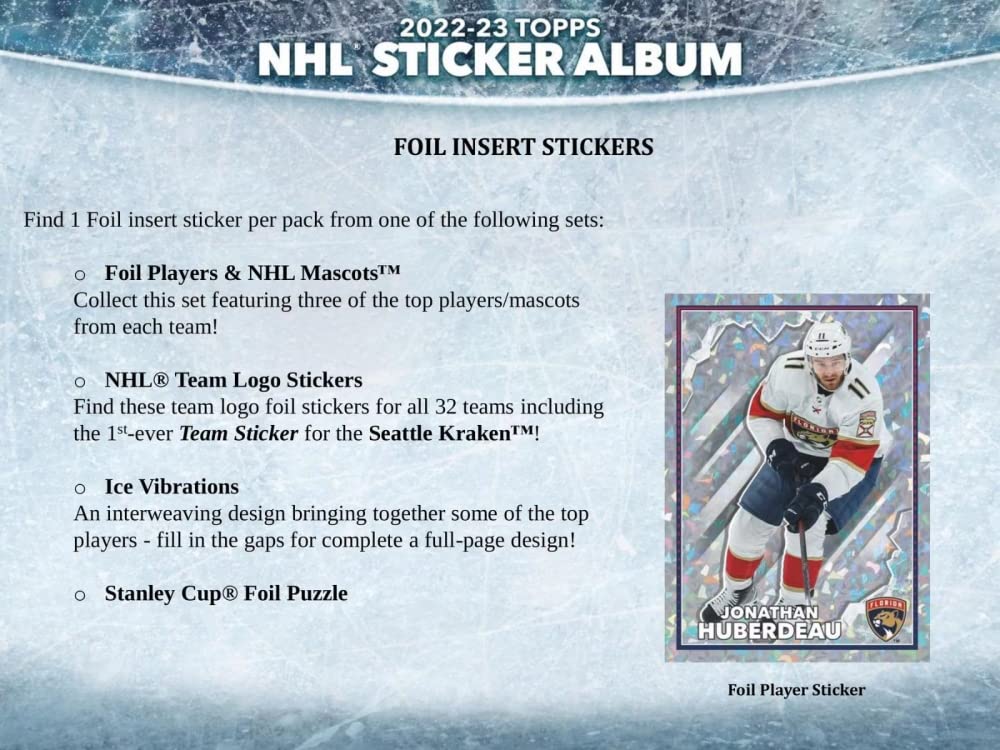 2022-23 NHL Topps Hockey Stickers Collection Factory Sealed Box 50 Packs. Smaller than regular sportscard, paper thin, See scans for details of the product