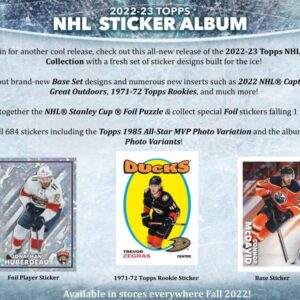 2022-23 NHL Topps Hockey Stickers Collection Factory Sealed Box 50 Packs. Smaller than regular sportscard, paper thin, See scans for details of the product