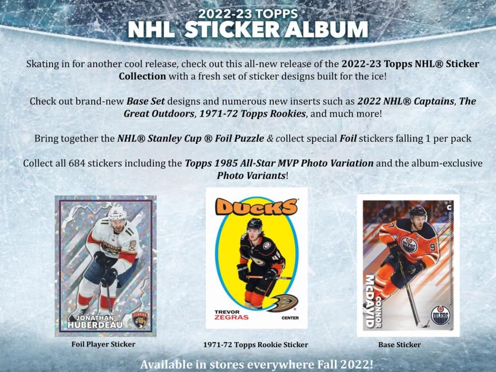 2022-23 NHL Topps Hockey Stickers Collection Factory Sealed Box 50 Packs. Smaller than regular sportscard, paper thin, See scans for details of the product