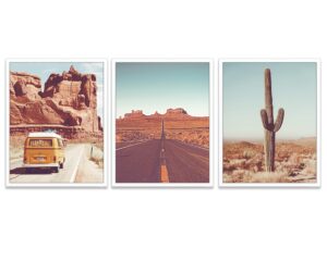 vintage desert photography prints, set of 3, unframed, classic van, cactus, route 66 road wall art decor poster sign, 5x7 inches
