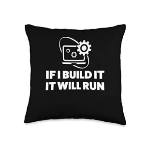 technical support information computer repairing g if i build it it will run tech support throw pillow, 16x16, multicolor