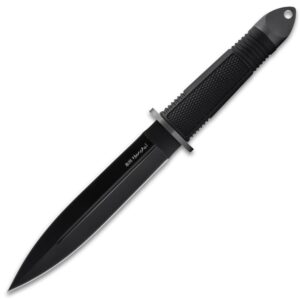 honshu midnight forge fighter knife and leather belt sheath - stainless steel blade, double-edged, rubberized grip, steel guard and pommel, non-reflective fixed blade for tactical use - length 13 1/4”