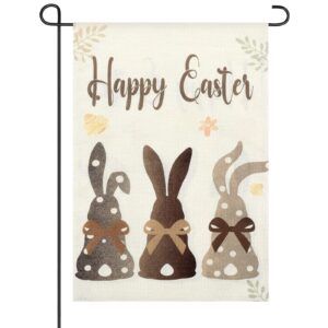 happy easter bunnies garden flag 12 x 18 inch rabbit garden flag double sided spring garden flag burlap small polka dots brown welcome holiday yard flag for easter spring holiday outdoor decor