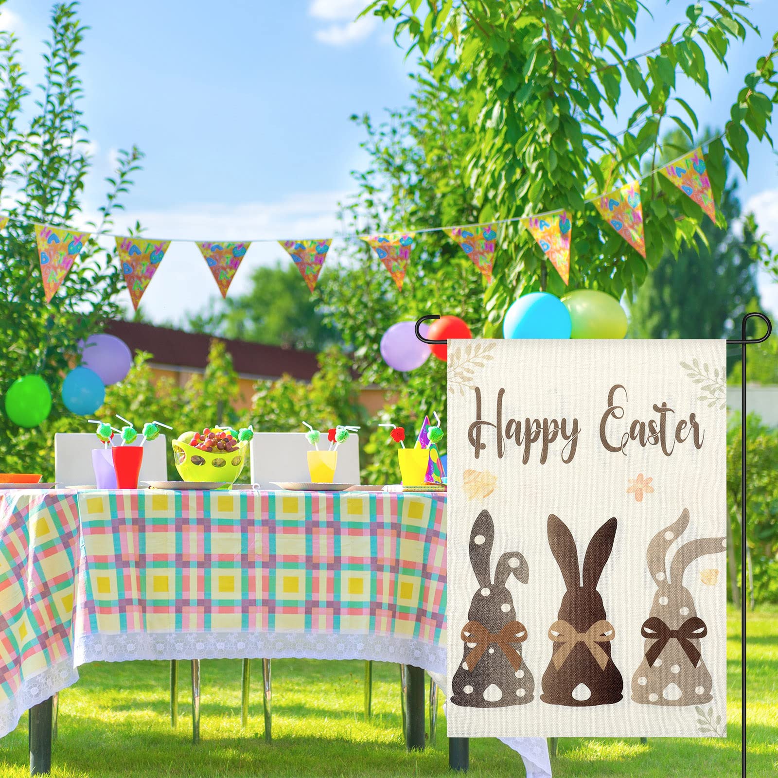 Happy Easter Bunnies Garden Flag 12 x 18 Inch Rabbit Garden Flag Double Sided Spring Garden Flag Burlap Small Polka Dots Brown Welcome Holiday Yard Flag for Easter Spring Holiday Outdoor Decor