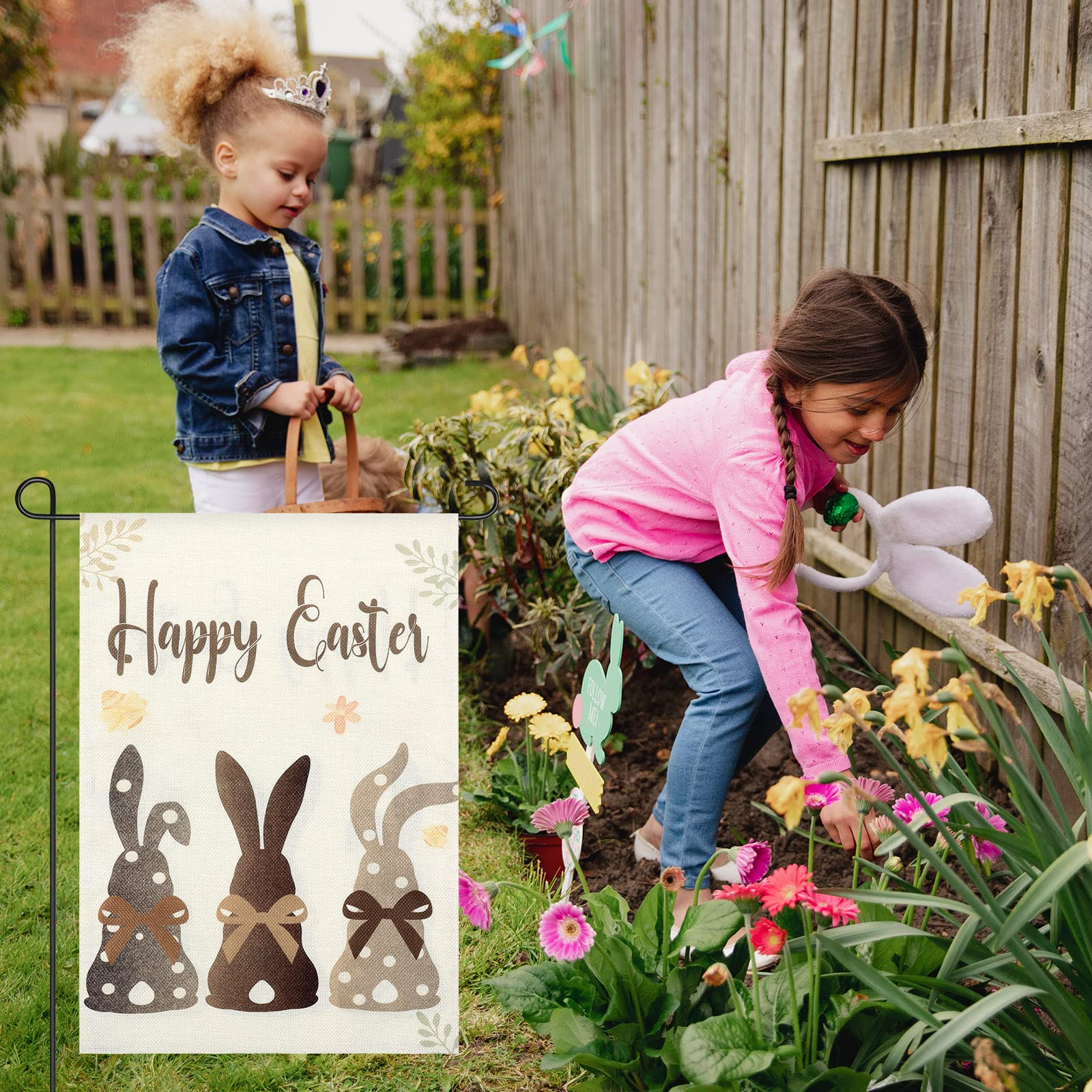 Happy Easter Bunnies Garden Flag 12 x 18 Inch Rabbit Garden Flag Double Sided Spring Garden Flag Burlap Small Polka Dots Brown Welcome Holiday Yard Flag for Easter Spring Holiday Outdoor Decor