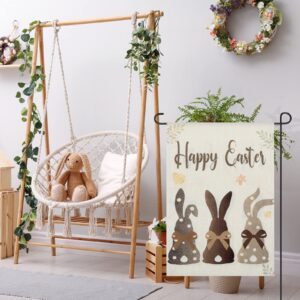 Happy Easter Bunnies Garden Flag 12 x 18 Inch Rabbit Garden Flag Double Sided Spring Garden Flag Burlap Small Polka Dots Brown Welcome Holiday Yard Flag for Easter Spring Holiday Outdoor Decor