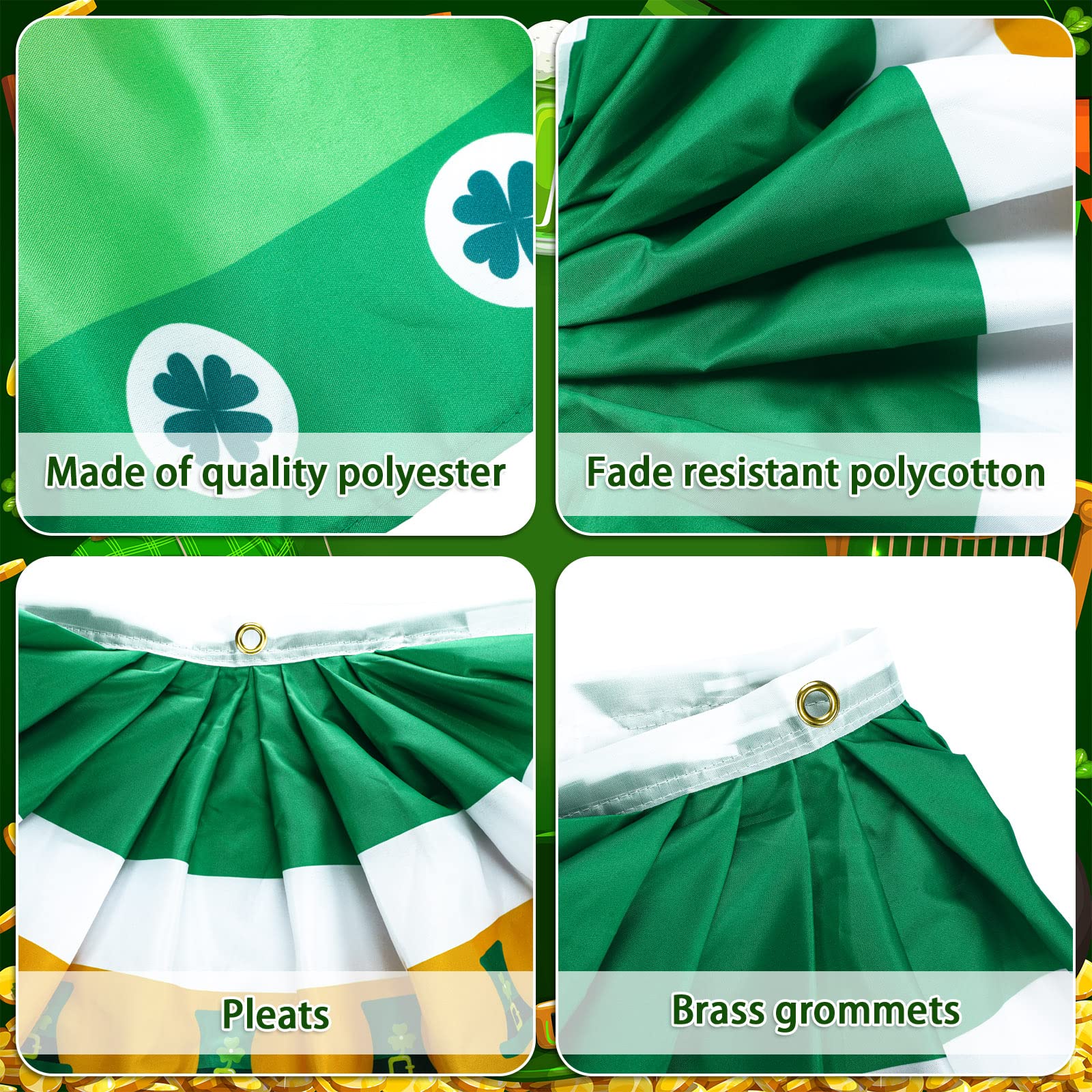6 Pieces 1.5 x 3 Ft Ireland Flag St. Patrick Day Flag Shamrock Hat Irish Pleated Fan Flag Bunting Patriotic Half Fan Banner Decoration with Grommet for Indoor Outdoor Garden and Home Decorations
