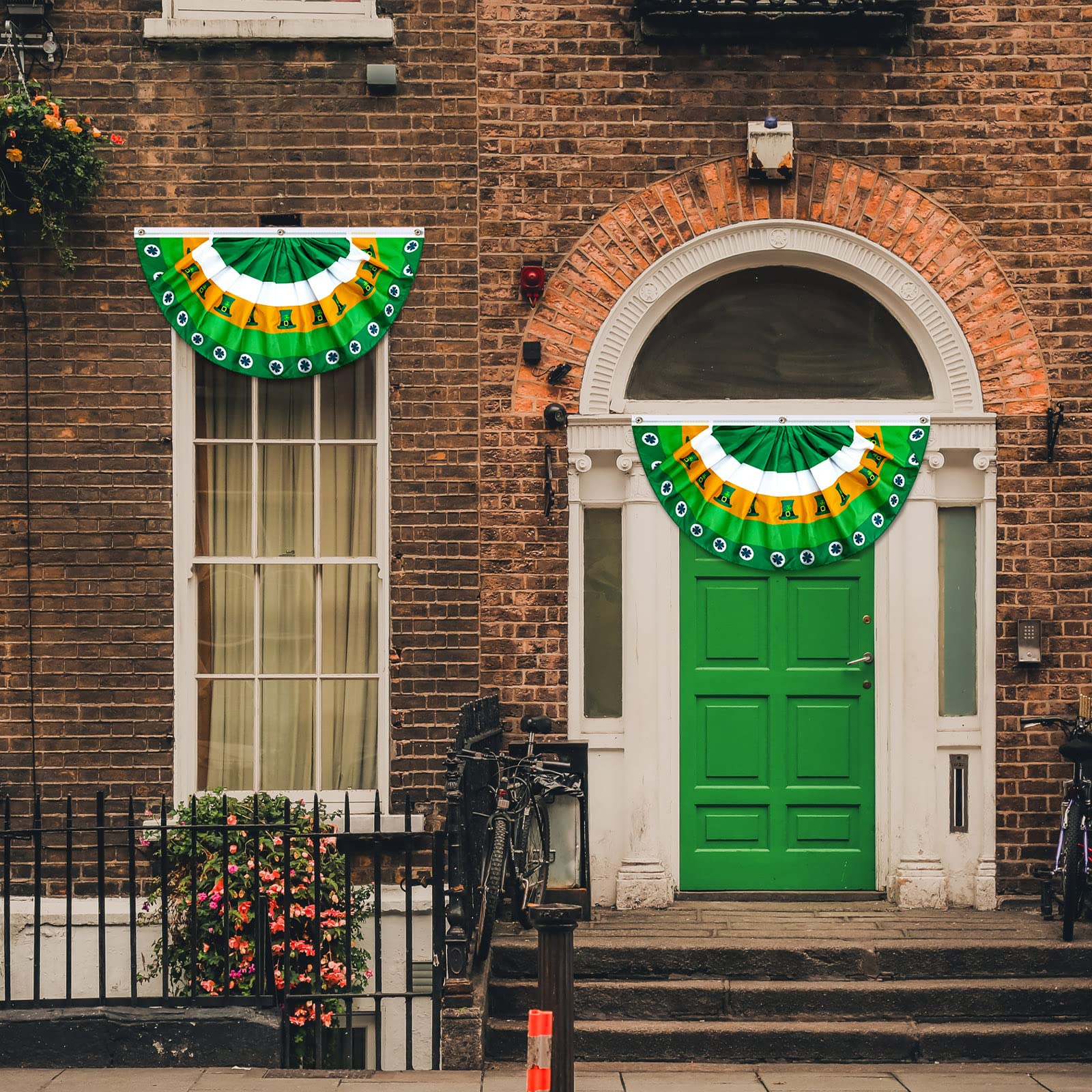 6 Pieces 1.5 x 3 Ft Ireland Flag St. Patrick Day Flag Shamrock Hat Irish Pleated Fan Flag Bunting Patriotic Half Fan Banner Decoration with Grommet for Indoor Outdoor Garden and Home Decorations