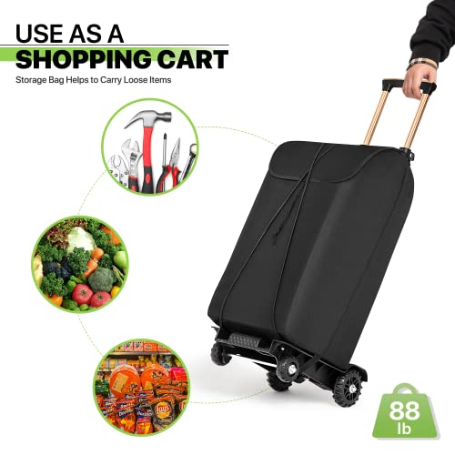 Magshion Folding Luggage Cart Shopping Foldable Cart, Lightweight Aluminum Alloy Collapsible and Portable Fold Up Dolly with Bag and Ropes for Travel, Moving and Office Use, 88LBS Capacity (Black)