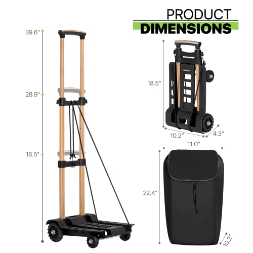 Magshion Folding Luggage Cart Shopping Foldable Cart, Lightweight Aluminum Alloy Collapsible and Portable Fold Up Dolly with Bag and Ropes for Travel, Moving and Office Use, 88LBS Capacity (Black)