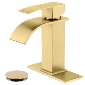jxmmp waterfall faucet for bathroom sink, single hole bathroom faucet brushed gold with pop up drains and deck plate for 3 hole installation jxm122bg