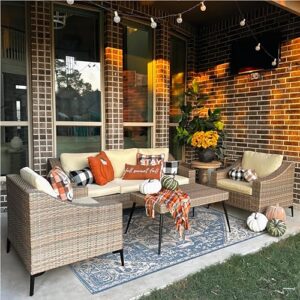 yitahome 4 piece patio furniture set, outdoor sectional sofa pe rattan wicker outside couch with table and cushions, all-weather rattan patio conversation set for porch lawn garden backyard - khaki