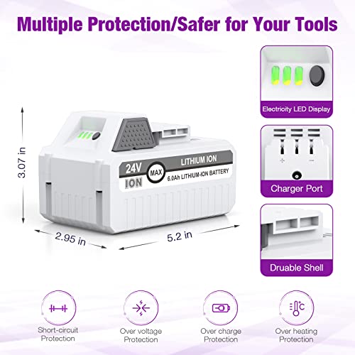 6.0Ah 24V Replacement Battery Compatible with Sun Joe/Snow Joe 24VBAT-LTX 24VBAT-LTW 24VBAT-LTE 24VBAT-LT 24V-X2-SB18 24VBAT-XR iON+ System for All Joe iON+ 24V-X2-SB18/20SB/SB15 Cordless Snow Blower