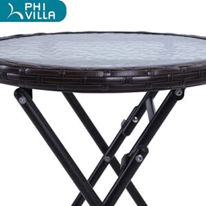 PHI VILLA Outdoor Patio Folding Small Side Table Round with Tempered Glass Top, Rattan Edge and Metal Frame