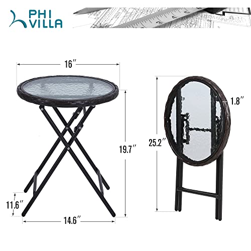 PHI VILLA Outdoor Patio Folding Small Side Table Round with Tempered Glass Top, Rattan Edge and Metal Frame