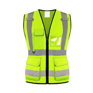phrmovs class 2 hi vis reflective safety tool vest for women work with 7 pockets and zipper, security vest meets ansi/isea standard yellow, m