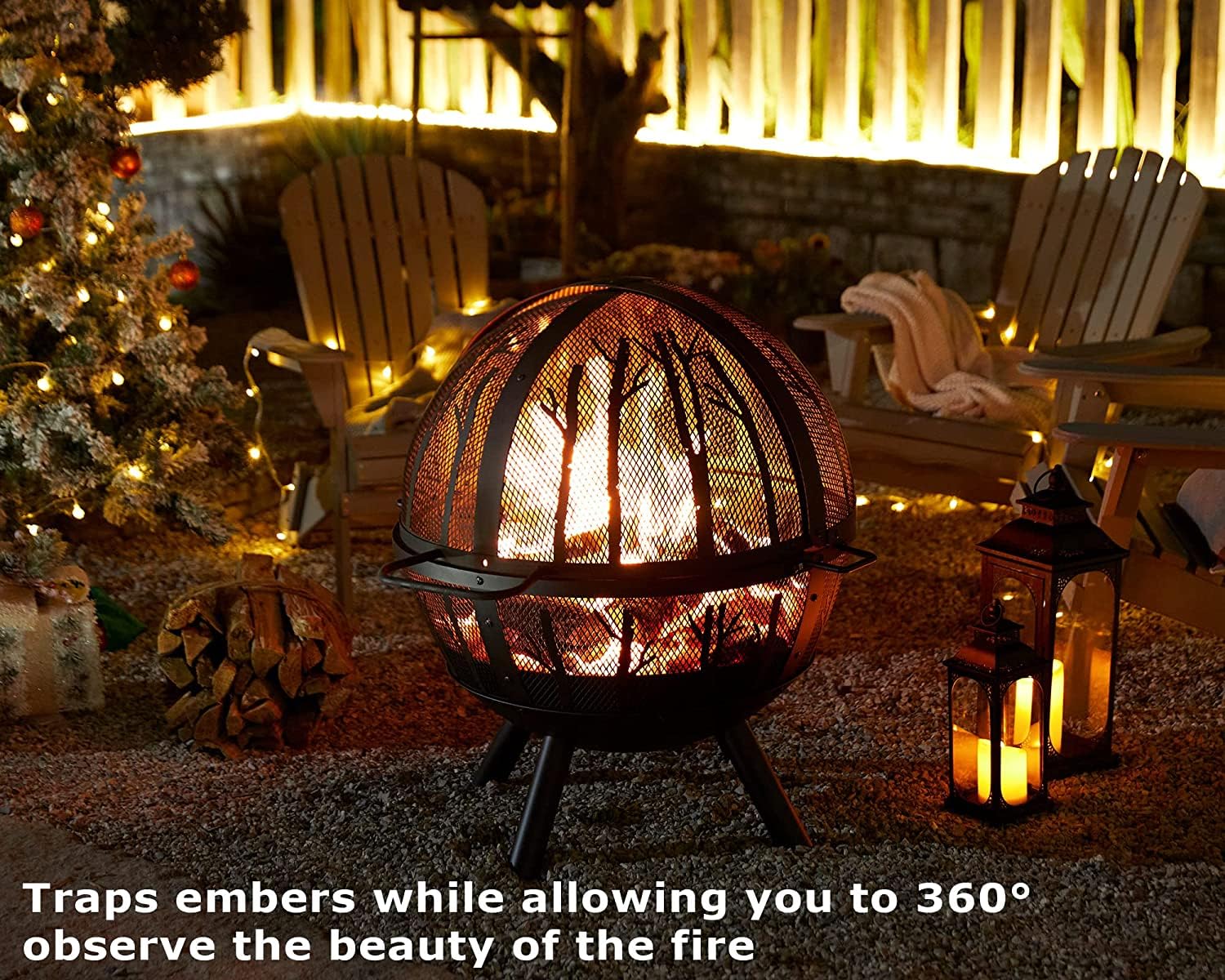 Fissfire 35 Inch Fire Pit Sphere, Outdoor Wood Burning Flaming Ball FirePit with Pivot Spark Screen, Backyard Patio Camping Beach Bonfire Pit
