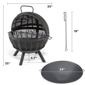 Fissfire 35 Inch Fire Pit Sphere, Outdoor Wood Burning Flaming Ball FirePit with Pivot Spark Screen, Backyard Patio Camping Beach Bonfire Pit