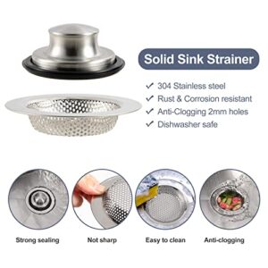 RQYEKDO Polished Kitchen Sink Strainers Sink Stopper Kits, Stainless Steel Sink Drain Strainer Set,Large Wide Rim 4.5" Diameter Food Catcher Garbage Disposal Plug for Most Sink Drains Basket Filter