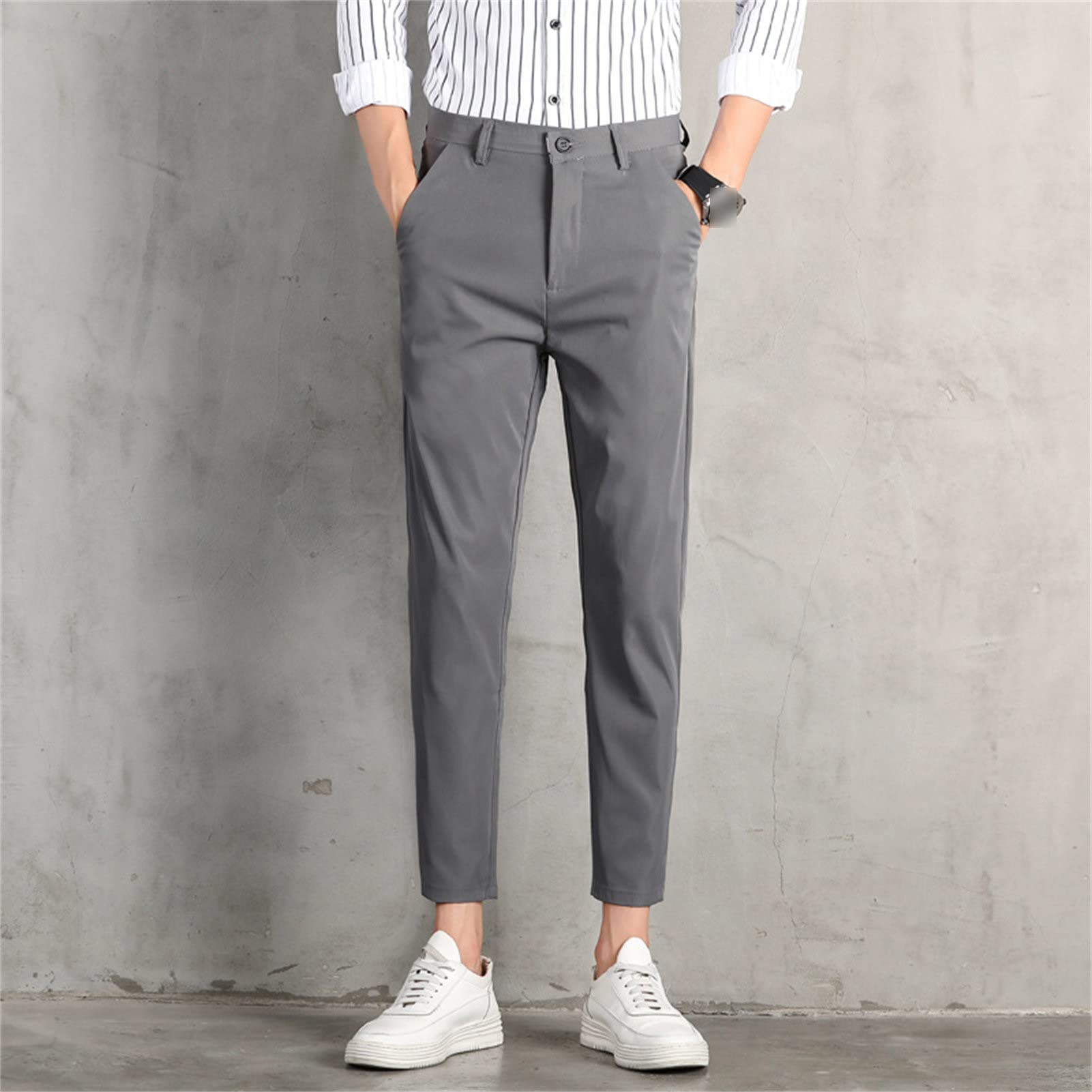 Men Classic Business Comfort Pant Straight Leg Flat Front Tapered Suit Pant Ultra Lightweight Solid Color Trousers (Dark Grey,28)