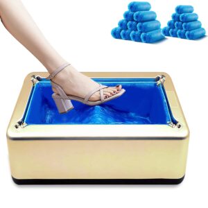automatic shoe covers dispenser,200 pcs disposable shoe cover,waterproof t buckle shoe cover for adult and kids all sizes,portable machine for indoors/home/office/hospital (gold)