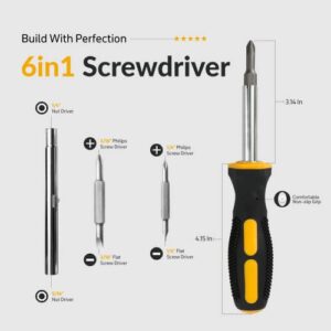 6 in 1 Screwdriver set with Comfortable Non-Slip Grip, Multi-tool Screw Driver Bit Set multipurpose, All in 1 Nut Driver with Phillips/Slotted Super Quality Steel Bits, with Built-in bit holder