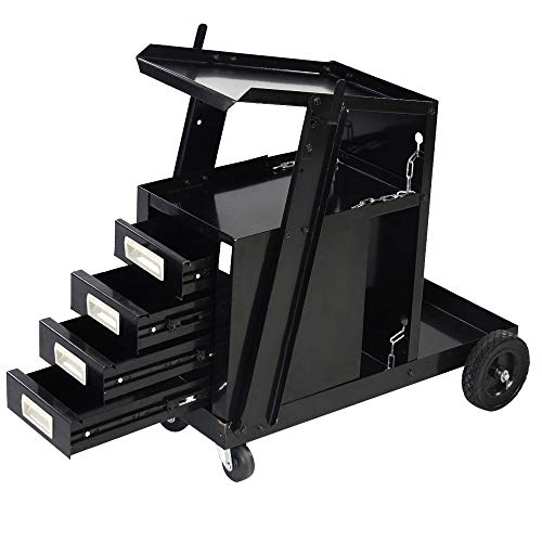 4 Drawer Welding Tool Cart, Heavy Duty Wheels Steel Welding Trolley with 2 Safety Chains and Tank Storage, Welding Carts for MIG/TIG Welder and Plasma Cutter,100 Lbs Load