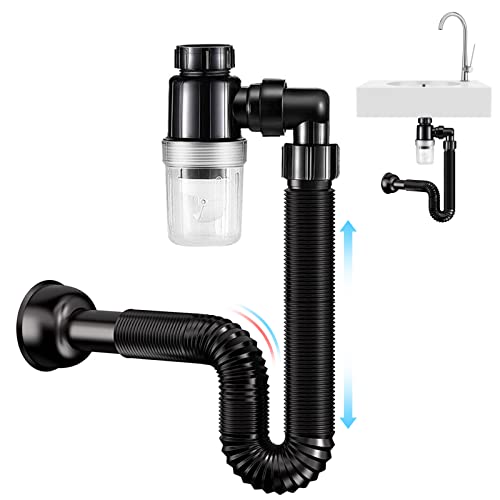 Bathroom Sink Drain Kit, Sink Drain Pipe, with Flexible & Expandable P-Trap Sink Drain Pipe Tube, Suitable for Bathroom Sink, Kitchen Sink, Garbage Disposal & Shampoo Bowls