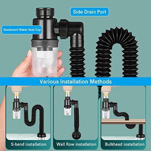 Bathroom Sink Drain Kit, Sink Drain Pipe, with Flexible & Expandable P-Trap Sink Drain Pipe Tube, Suitable for Bathroom Sink, Kitchen Sink, Garbage Disposal & Shampoo Bowls